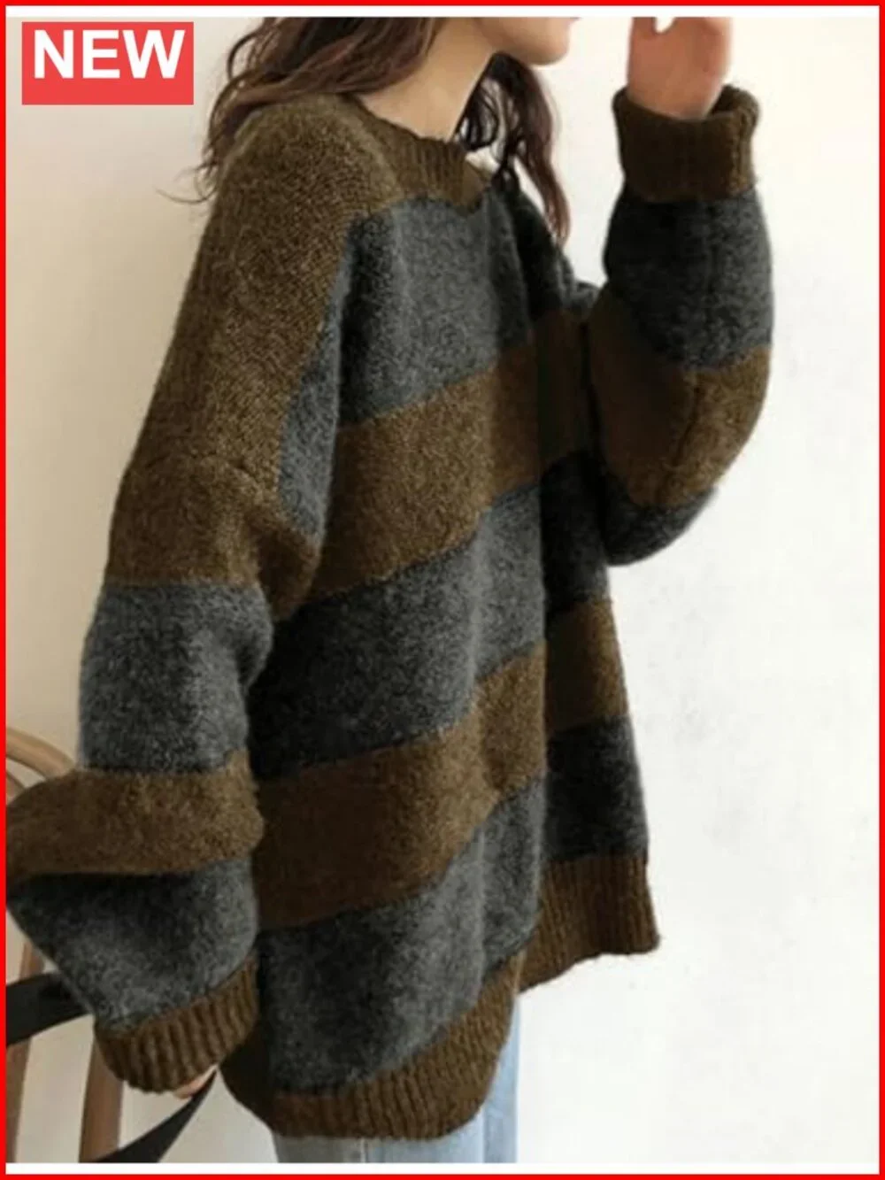 Oversized Striped Knit Pullover Sweater Crewneck Long Sleeve